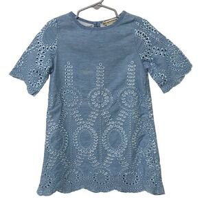 Girls Cottagecore Embroidered Eyelet Dress 4T Light Blue Floral Prairie Preppy
